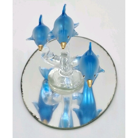 Vtg Blue Dolphins Glass Figurine Dolphin Trio on Mirror Base 3 1/4in tall" - Picture 11 of 13